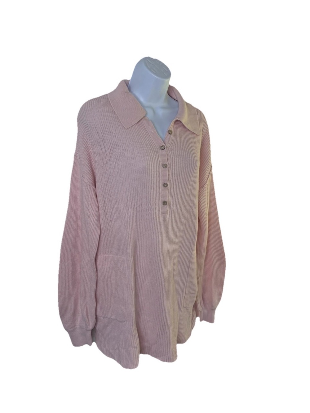 FP Beach Pink Ribbed Knit Collared Henley Polo Long Sleeve Top Women's Sz S